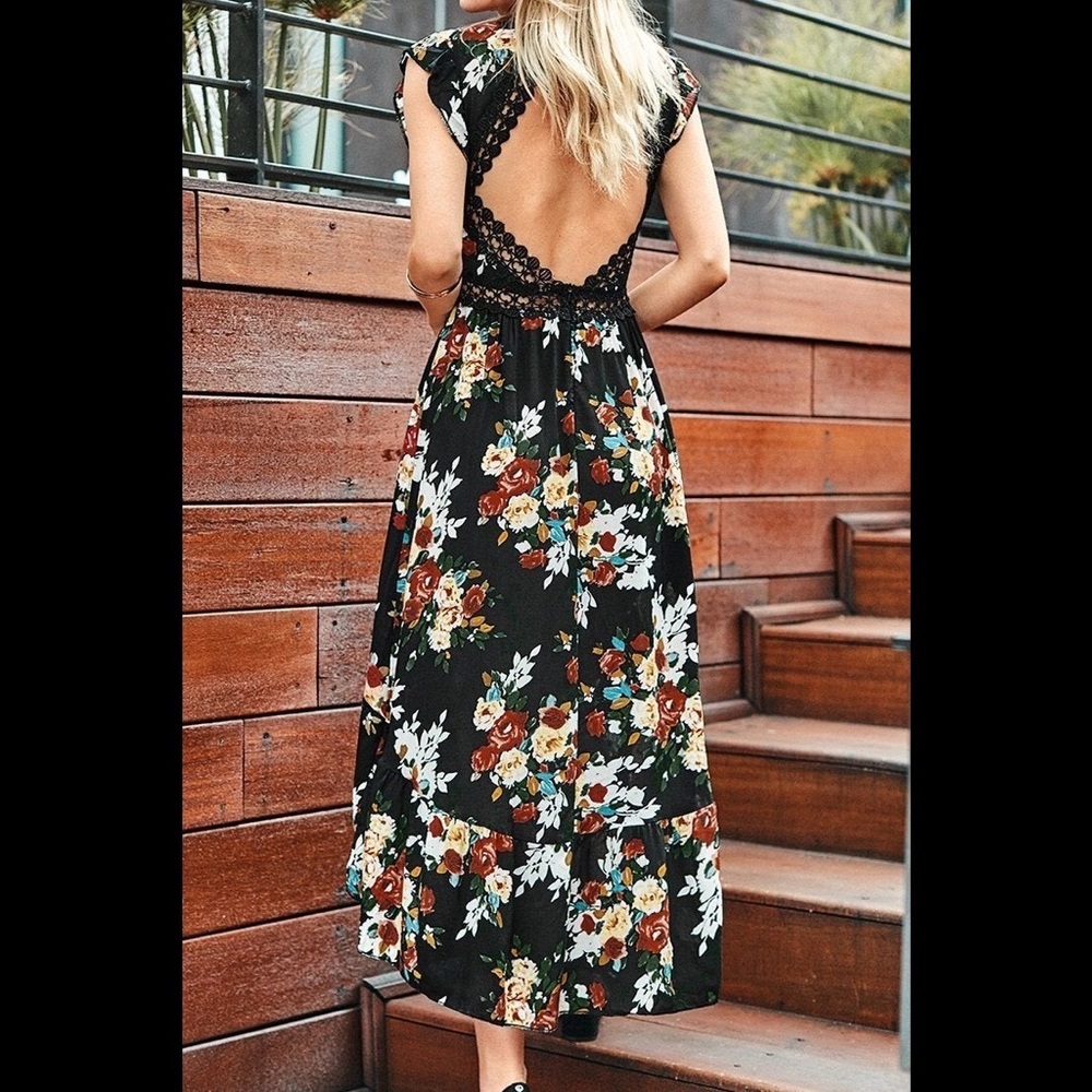 NWT Cupshe M Black Floral V-Neck High-Low Dress